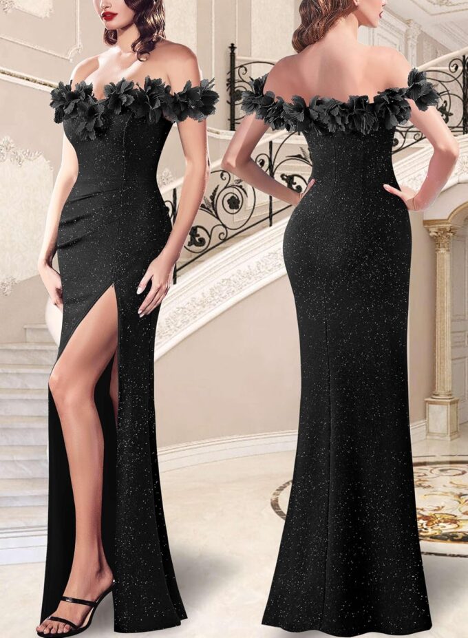 VFSHOW Womens Formal Prom Off Shoulder 3D Flowers Ruched Wedding Guest Maxi Dress 2024 Sexy High Slit Cocktail Evening Gown – Bild 2