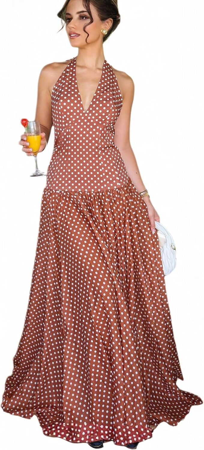 Women’s Elegant Frankie Polka Dot Maxi Dress Summer Vintage Halter Neck Drop Waist Flowy Wedding Guest Brunch Beach Dress
