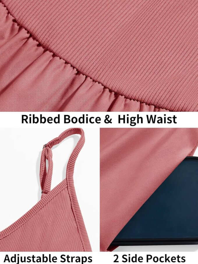 Fisoew Womens Spaghetti Strap Dress V Neck Backless Summer Casual A Line Cami Dress with Pocket – Bild 5