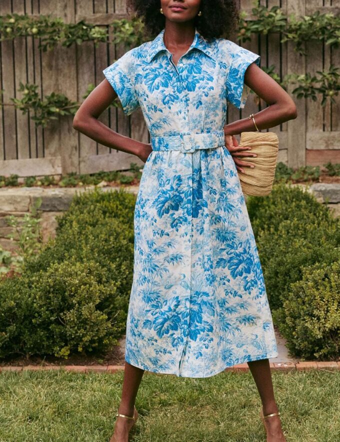 Women's Button Down Shirt Dress Floral Printed Turn Down Short Sleeve Formal Midi Shirt Dress with Belt – Bild 7