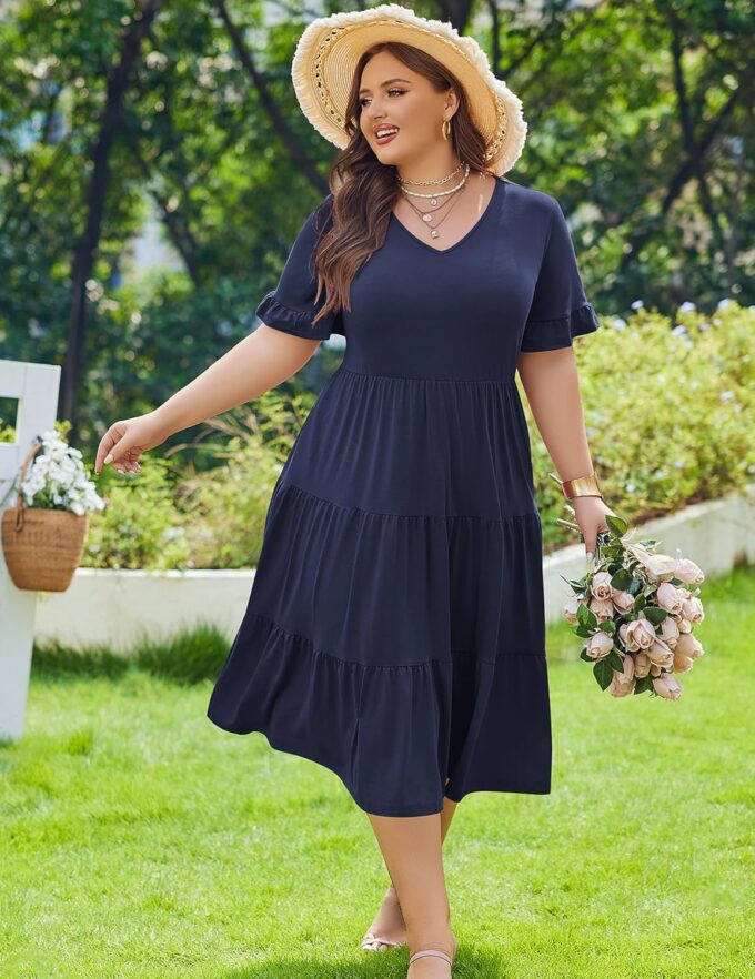 IN'VOLAND Womens Plus Size Short Sleeve Dress Summer Midi Casual Tiered V-Neck Aline Flowy Loose Dresses with Pockets – Bild 3