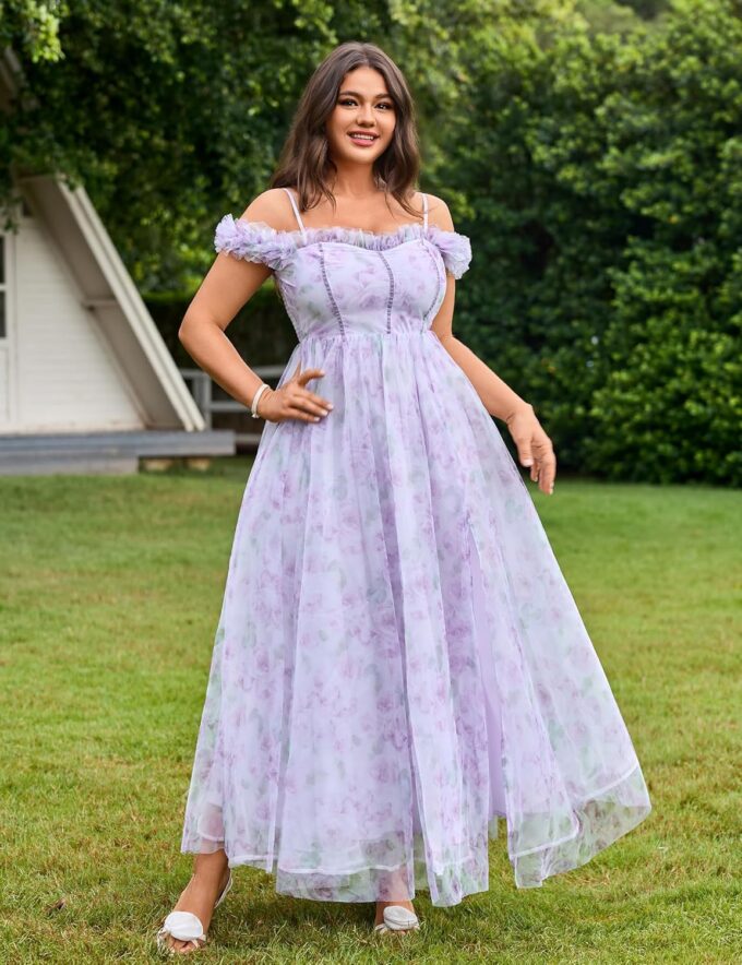 Floral Garden Dresses for Women 2025 Elegant Classy Tulle A Line Maxi Sundresses Sleeveless Smocked Off Shoulder Dress – Bild 5
