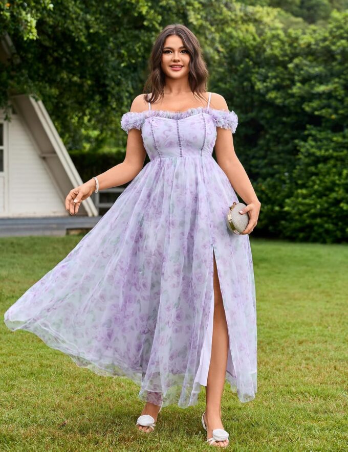 Floral Garden Dresses for Women 2025 Elegant Classy Tulle A Line Maxi Sundresses Sleeveless Smocked Off Shoulder Dress – Bild 3