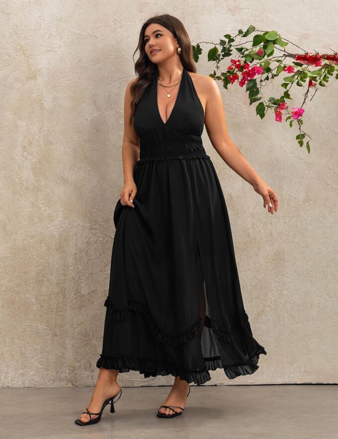 Women's Summer Sundress Sleeveless Halter V Neck Boho Floral Maxi Dress Elastic Waist Ruffle Spring Vacation Outfits – Bild 5
