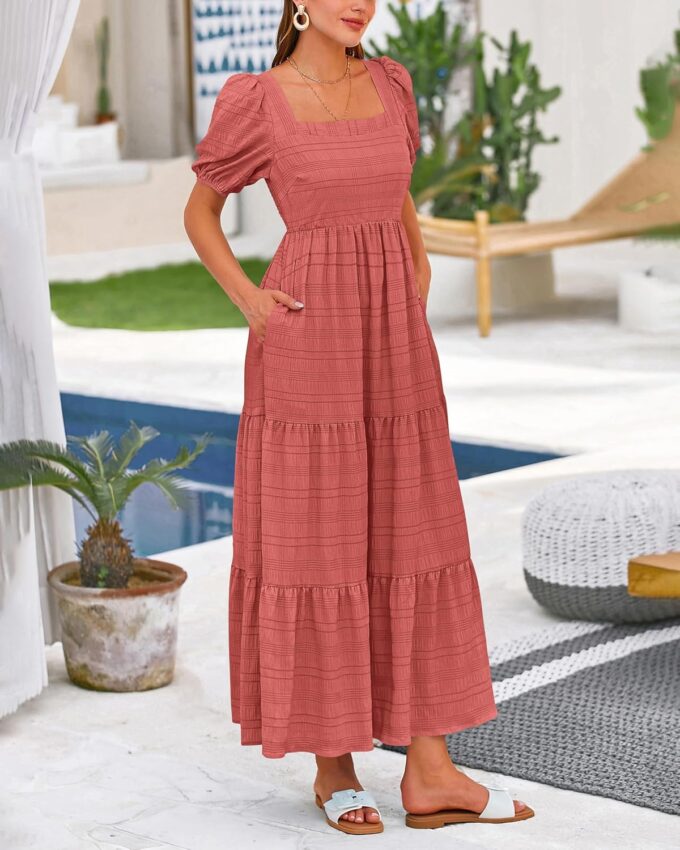 PRETTYGARDEN Women's Summer Dresses 2025 Puff Sleeve Square Neck High Waist Smocked A-Line Flowy Loose Fit Midi Dress – Bild 3