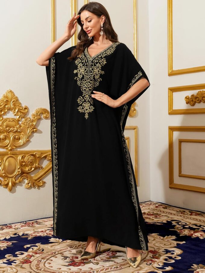 Abaowedding Black Kaftan Maxi Dress for Women – Gold Embroidery, V-Neck, and Side Slit Design – Bild 3