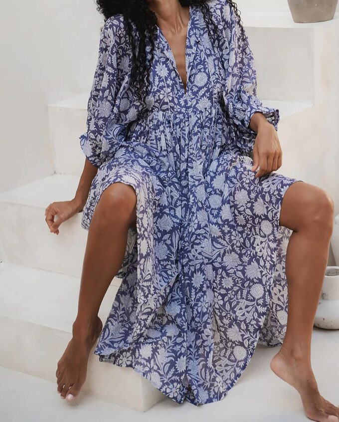 Casual Summer Dresses for Women Swing Floral Half Open Collar Boho Puff Sleeve Loose Midi Beach Dress – Bild 4