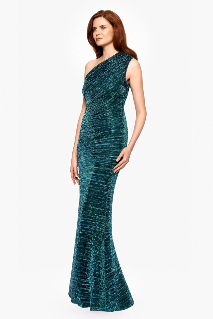 Betsy & Adam Women's One Shoulder Metallic Knit Evening Gown – Bild 2