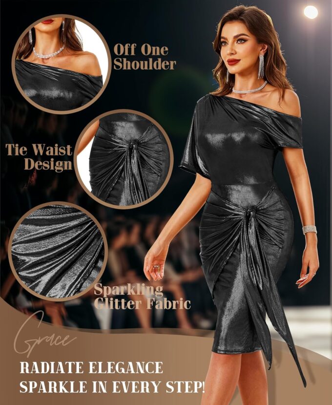 VIDUSSA Sparkly Glitter Dress for Women - One Shoulder Ruched Party Cocktail Tie Waist Bodycon Dresses – Bild 3