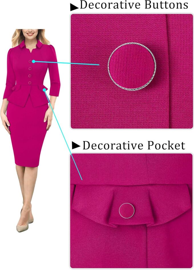 VFSHOW Damen 2024 Herbst Arbeit Business Kleider Kragen Kerbe Ausschnitt Büro Knöpfe Schößchen Schlankheits Etuikleid Bleistiftkleid – Bild 5