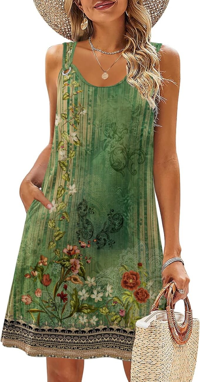 Zeagoo Summer Dresses for Women Boho Beach Dress Sleeveless Sundresses with Pockets Casual Loose Tank Tshirt Sun Dress