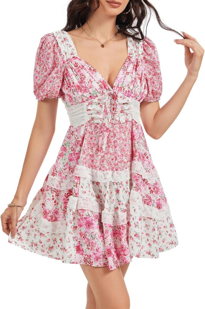 hibshaby Women's Floral Patchwork Dress V Neck Lace Layered Ruffle Flowy Babydoll Dress Puff Sleeve Tiered Mini Sundress