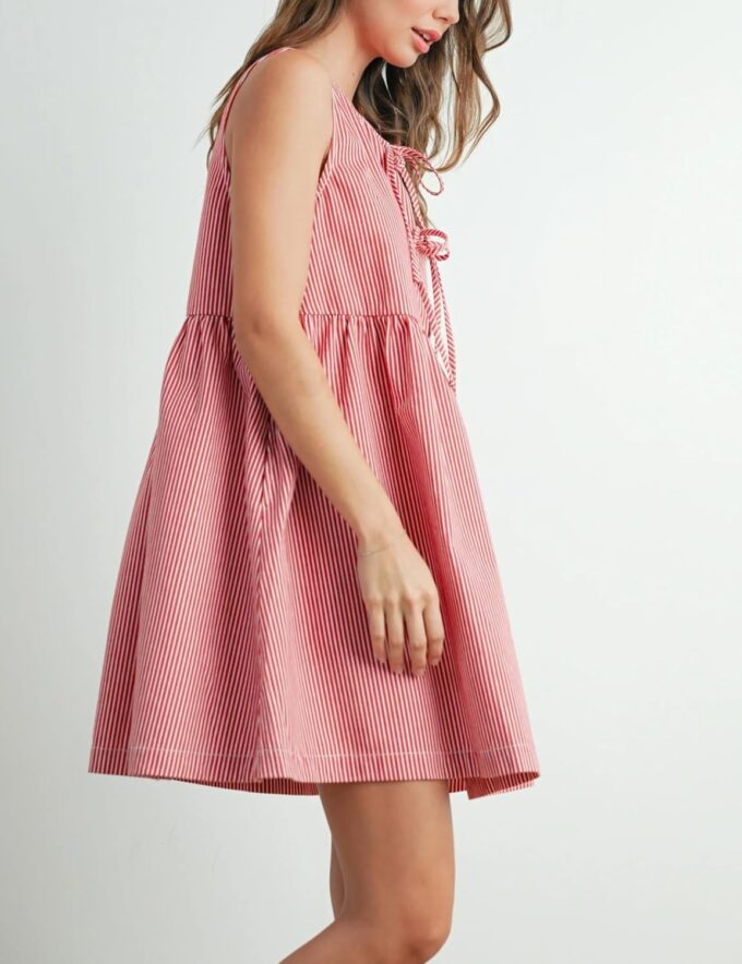 Womens Mini Red Stripe Bowknot Dress Round Neck Sleeveless A Line Casual Dresses – Bild 3
