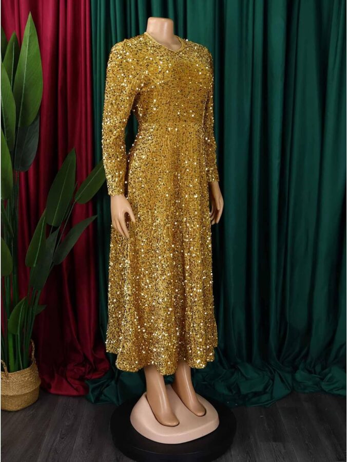 SOMTHRON Women's Sequin Dress Plus Size Long Sleeve A-Line Flared Party Cocktail Sparkle Glitter Evening Shiny Maxi Dress – Bild 4