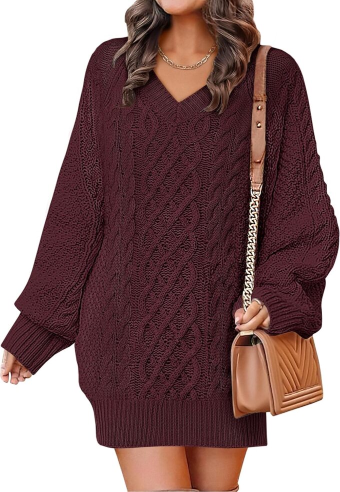 ANRABESS Womens Long Sleeve V Neck Oversized Cable Knit Mini Sweater Dresses 2025 Fall Trendy Baggy Pullover Tunic Outfits