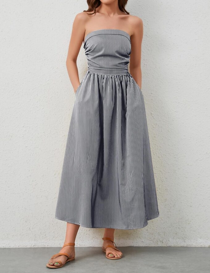 Women Striped Strapless Sleeveless Flowy Summer Casual Tube Maxi Long Dress with Pockets – Bild 2