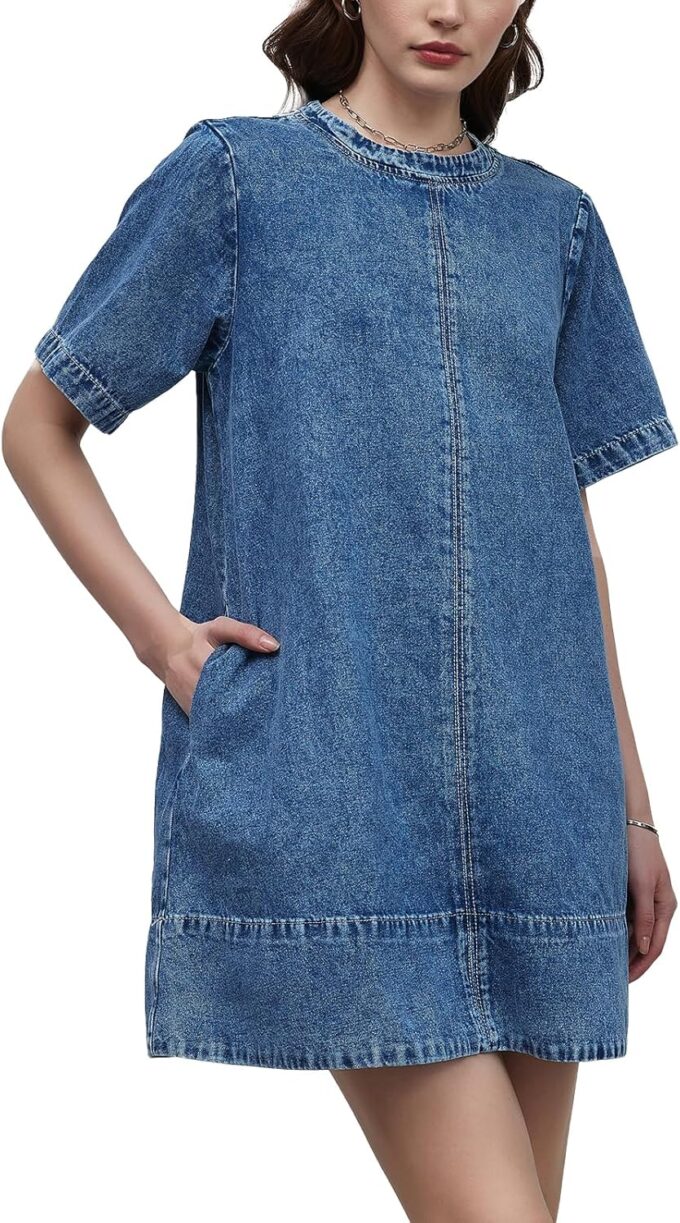 LifeShe Denim Dress for Women Summer Casual Short Sleeve Chambray Mini Jean Dresses with Pockets