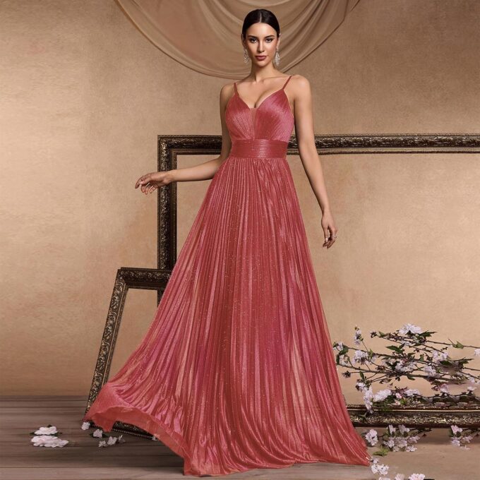 Sexy Backless Maxi Formal Dress for Women with Sequin, Sleeveless Pleated Evening Gowns for Wedding and Cocktail – Bild 3