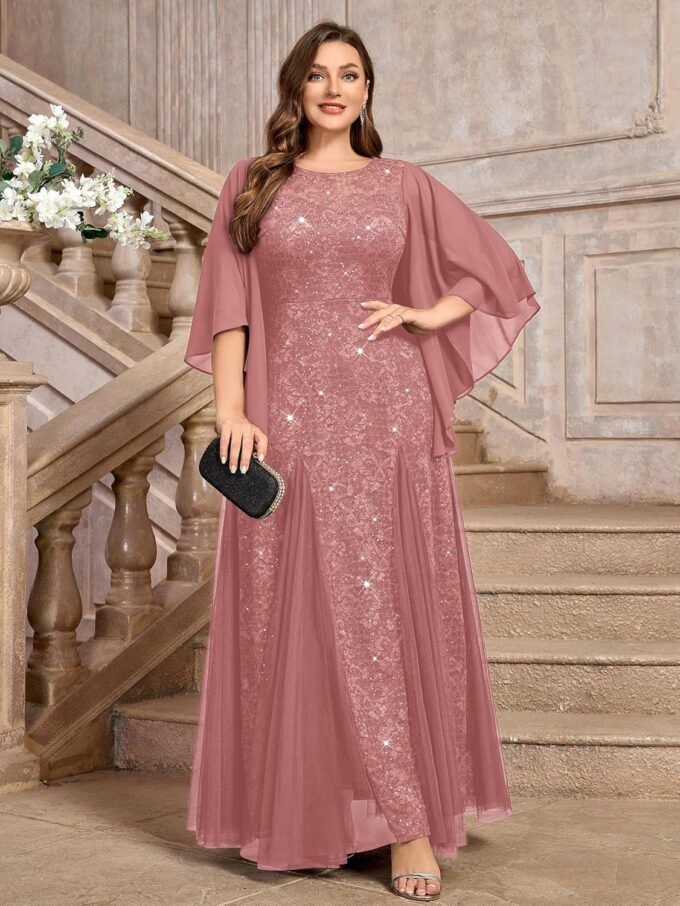 MISSMAY Women's Plus Size Sequins Lace with Ruffle Cape Cloak Sleeves Tulle Mermaid Hemline Evening Prom Long Dress – Bild 4