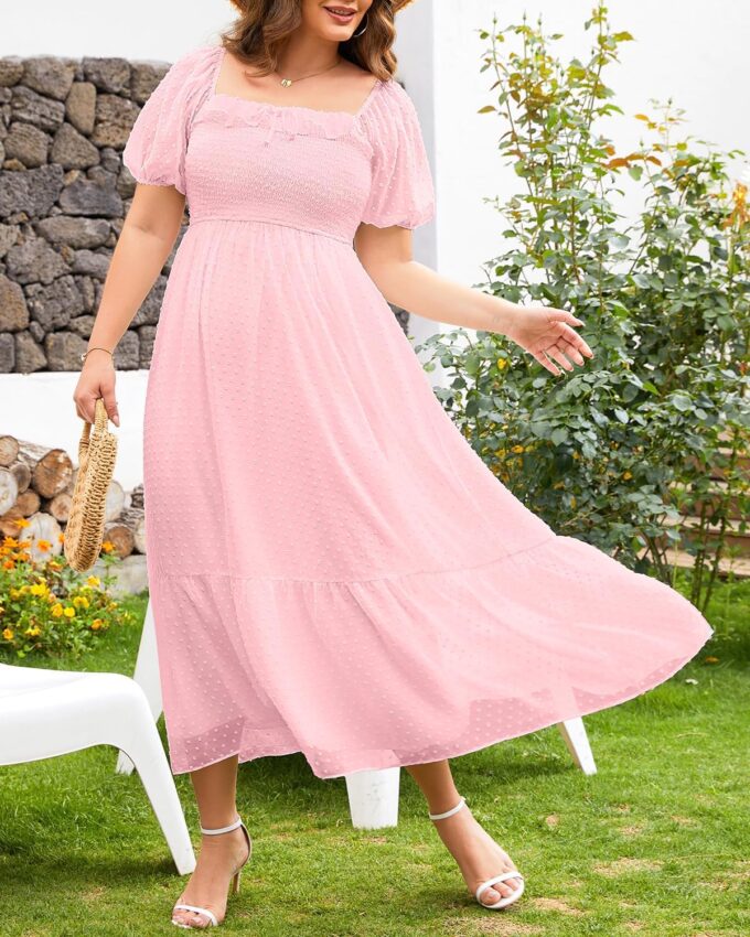 Plus Size Summer Dresses - Swiss Dot Smocked Square Neck Puff Sleeves Boho Flowy A Line Long Maxi Wedding Guest Dress – Bild 2