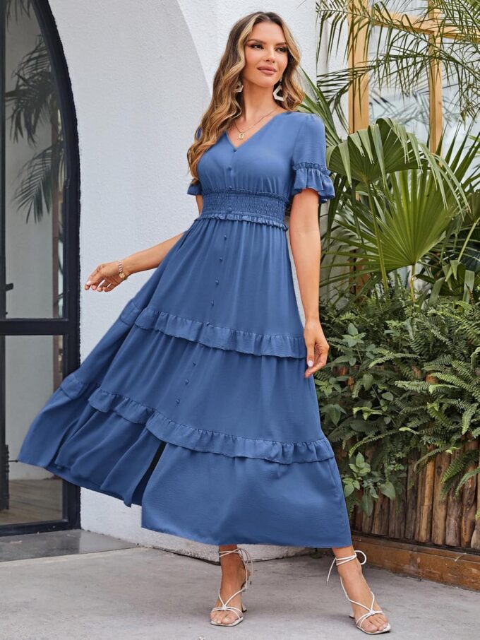 Amegoya Women's V Neck Long Sleeve Boho Maxi Dress Summer Wedding Guest Long Flowy Engagement Dresses – Bild 4