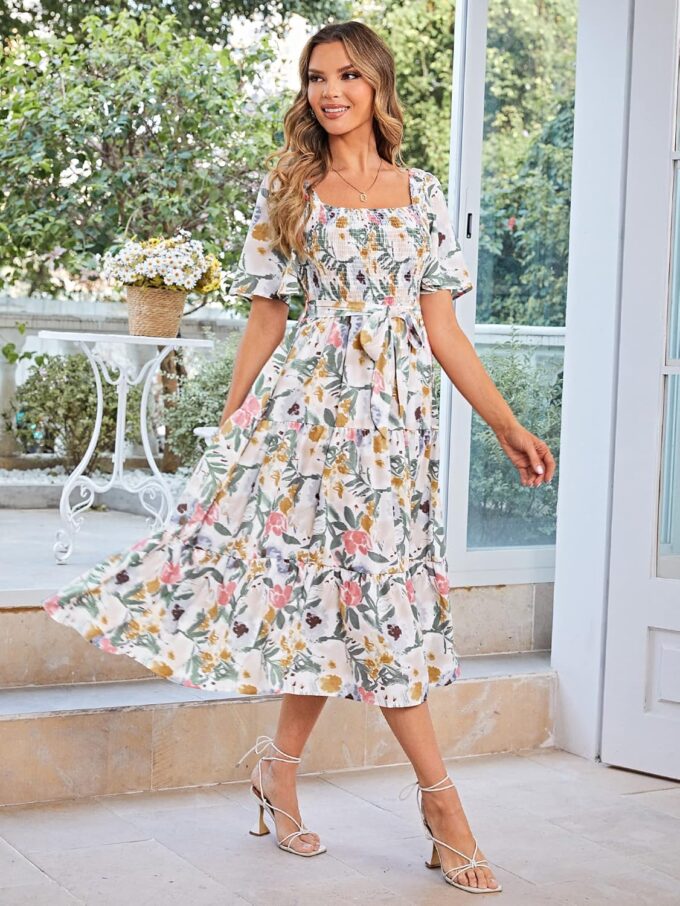 Amegoya Women's Boho Flowy Long Sleeve Square Neck Floral Midi Dress Smocked Spring Fall Wedding Guest Dresses – Bild 3