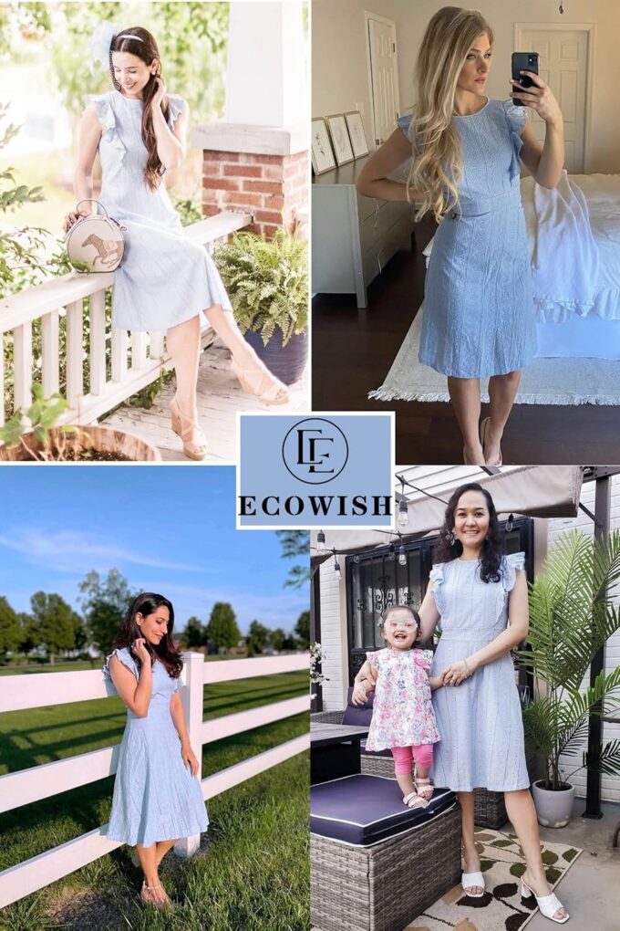ECOWISH Women's Summer Dresses 2025 Elegant Lady Wedding Guest Cocktail Ruffle Cap Sleeves A-Line Office Midi Dress – Bild 4