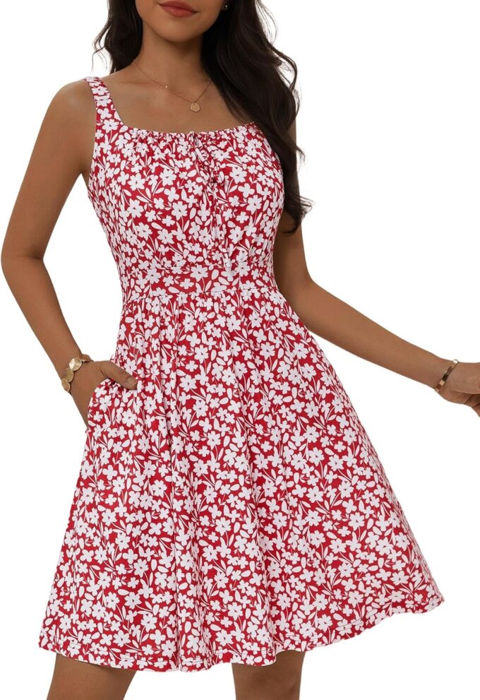 Loemes Women's Summer Cute Square Neck Mini Dress with Pocket Juniors Floral Sleeveless Tie Front Flowy Beach Sundress – Bild 2