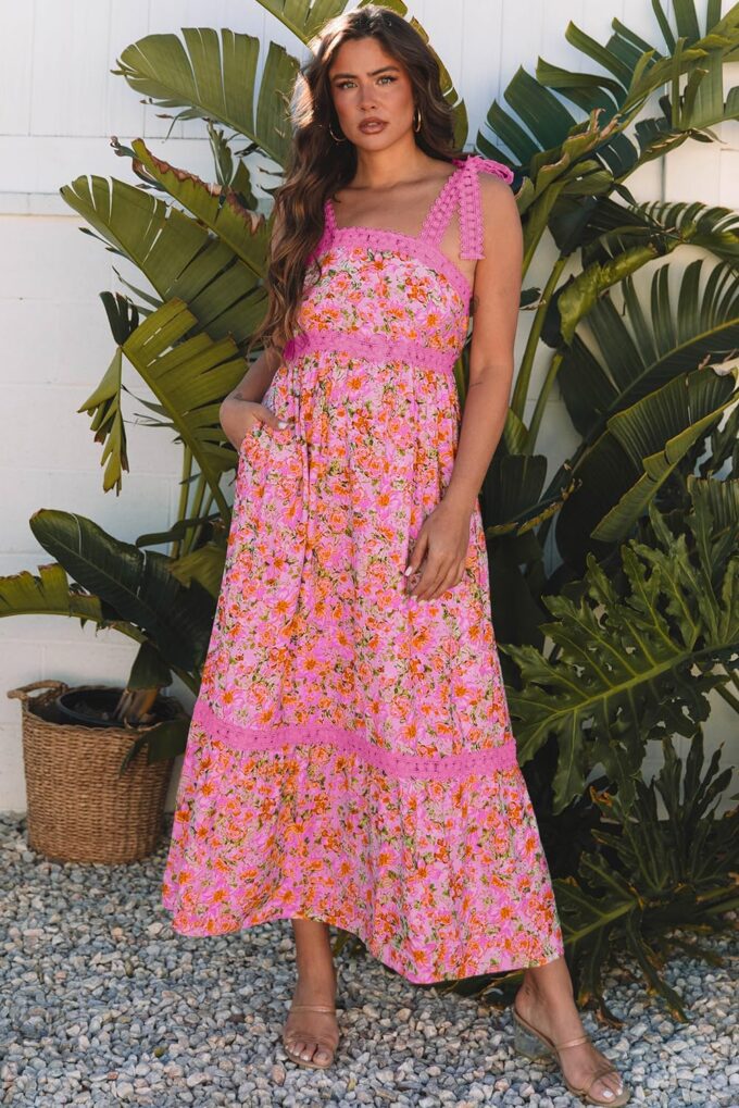 Womens Casual Dress Sleeveless Lace Tie Strap Square Neck Empire Waist A Line Maxi Dress for Spring Summer – Bild 2