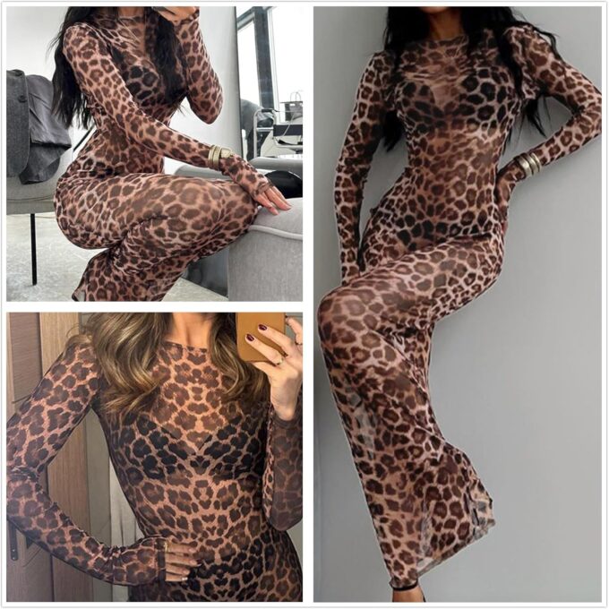 MINGSEECESS Women Sexy See Through Leopard Print Long Sleeve Mock Neck Bodycon Cover Up Party Club Maxi Dress – Bild 3