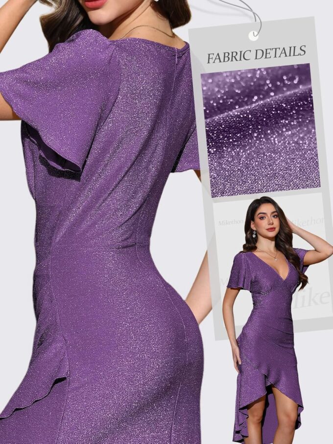 Women Formal Wedding Guest Sparkly Party Dress Ruffle Glitter Sequin Midi Evening Gown Prom Hi Low Cocktail Dresses – Bild 5