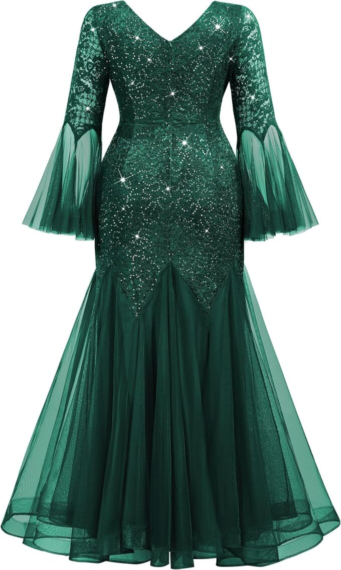 MISSMAY Women's Plus Size Sequins Lace V Neck Sheer Long Sleeves Tulle Mermaid Hem Formal Evening Party Dresses – Bild 6