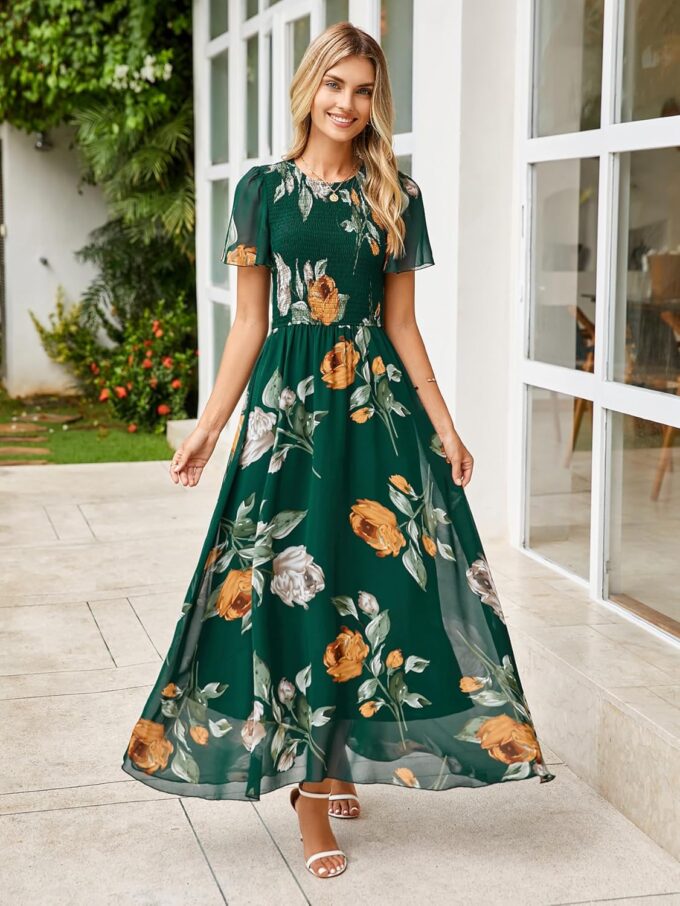 Simplee Womens Summer Floral Casual Maxi Dresses Flutter Short Sleeve Crew Neck Smocked Chiffon Boho Flowy Dress – Bild 4