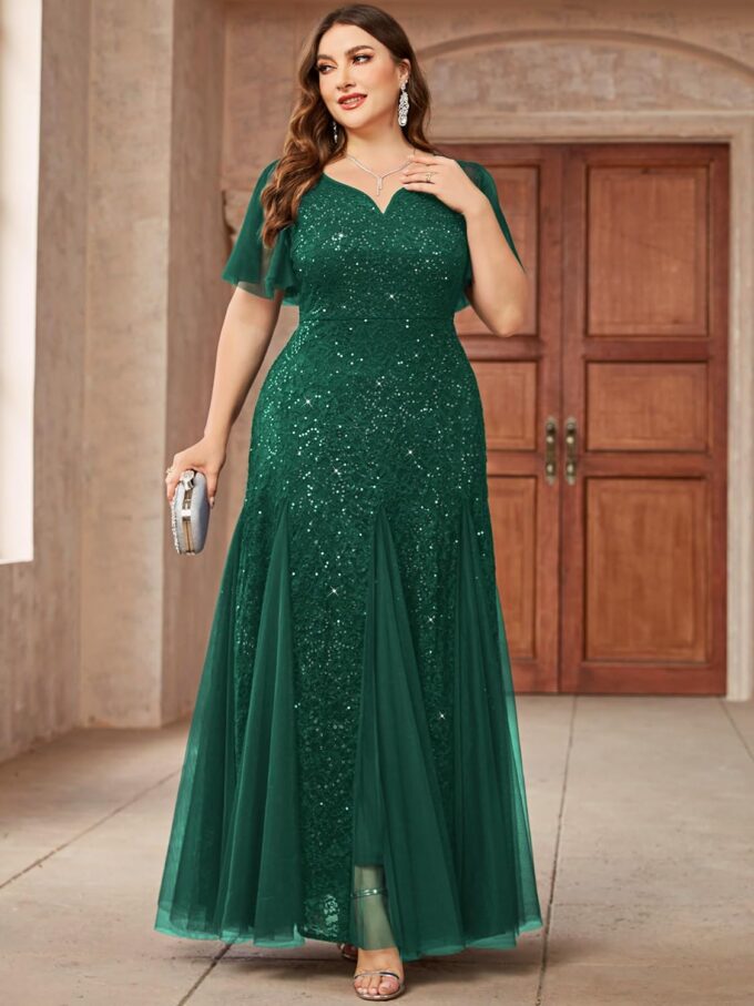 Miusol Women's Plus Size Sequins Lace Tulle Mermaid Hemline Sweetheart V Neck Formal Evening Party Maxi Dress – Bild 3