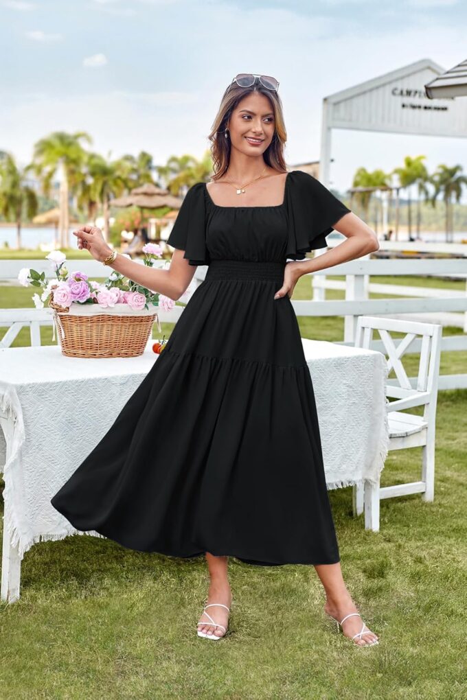 GRACE KARIN Women's Summer Short Sleeve Square Neck Smocked Waist Casual Vacation Tiered Flowy Maxi Dress – Bild 2