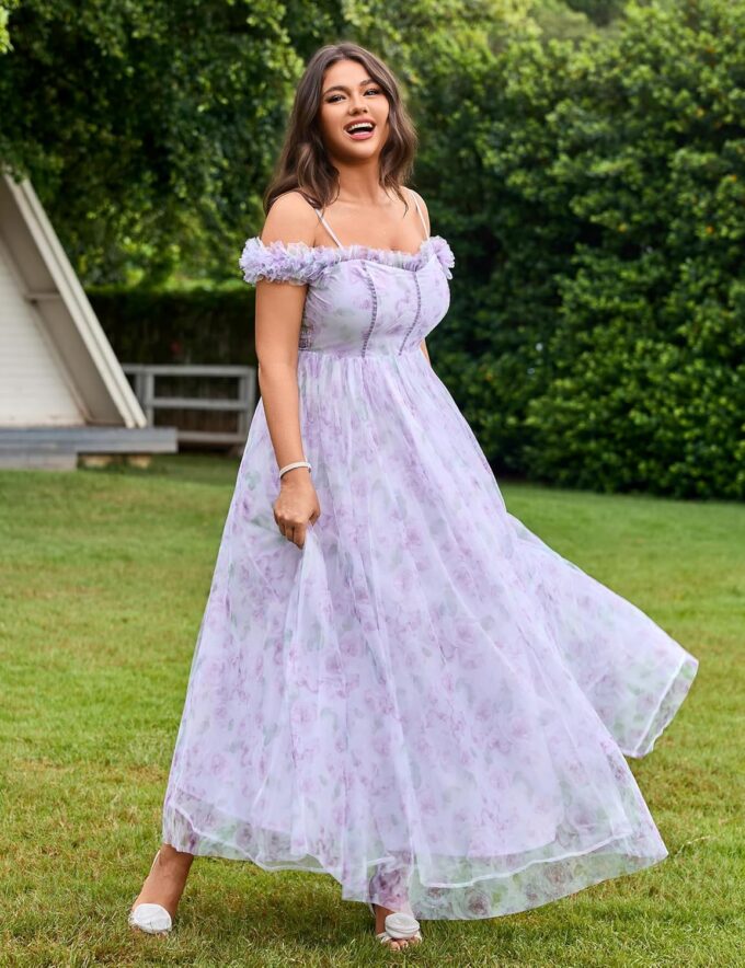 Floral Garden Dresses for Women 2025 Elegant Classy Tulle A Line Maxi Sundresses Sleeveless Smocked Off Shoulder Dress – Bild 4