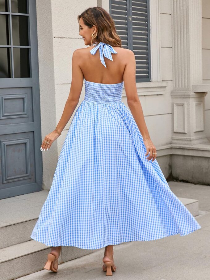 Parthea Women's Summer Midi Dress Smocked Gingham Halter V Neck Sundress Elegant Flowy A Line Beach Long Dresses – Bild 2