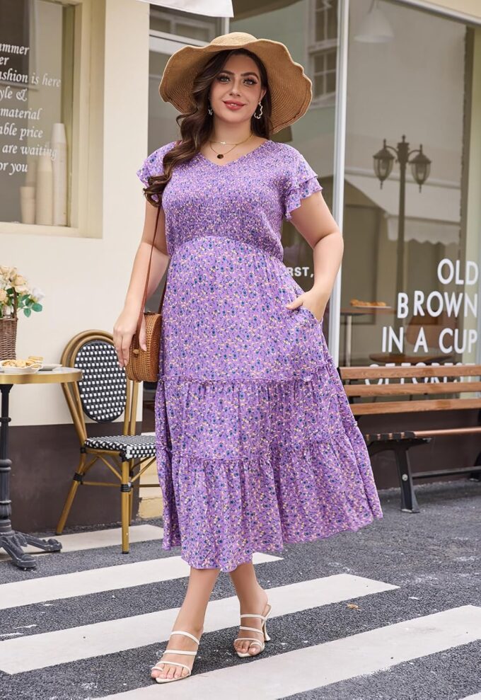 Keluummi Plus Size Summer Maxi Wedding Guest Dress for Curvy Women, Boho A Line Long Sundress, Flutter Sleeve, Pocket – Bild 5