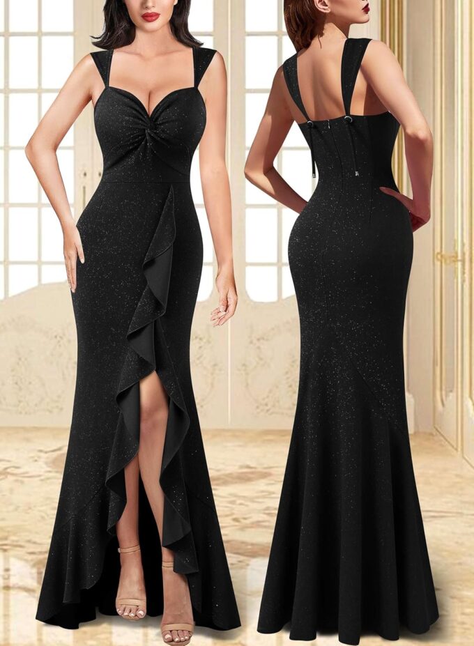 VFSHOW Womens Sweetheart V Neck Twist Front Backless Ruched Ruffle Slit Formal Evening Gown Maxi Long Dress – Bild 2