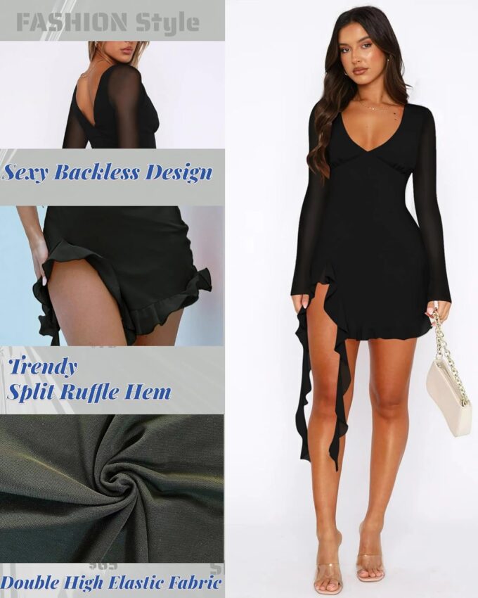Doweha Women's Sexy Bell Long Sleeve Ruffle Slit Mini Mesh Dress Summer V Neck Backless Bodycon Short Party Cocktail Dress – Bild 3
