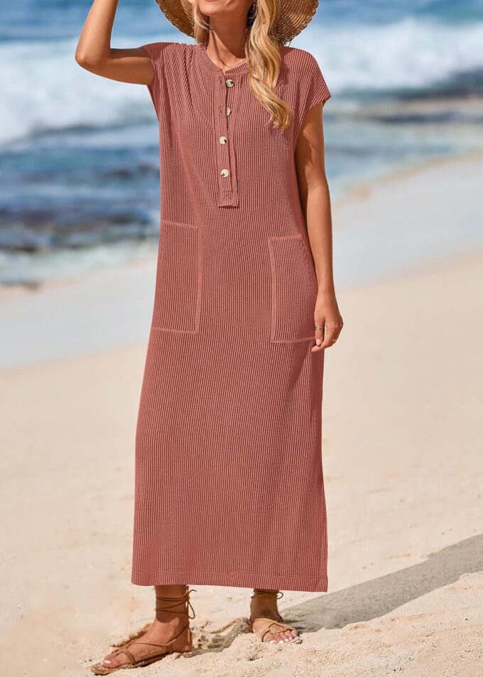 KIRUNDO Womens Summer Dresses Ribbed Knit Henley Short Sleeve Maxi Dress Button Up Loose Slit Beach Vacation Sundress – Bild 6
