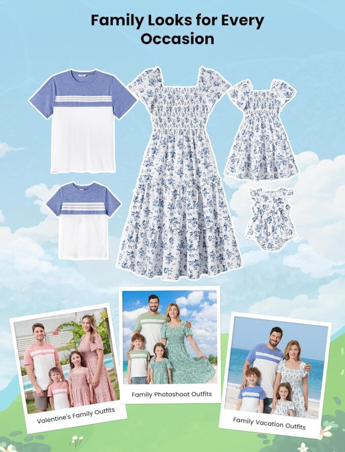 PATPAT Family Matching Outfits Boho Floral Print Square Neck Puff Sleeve Smocked Dress and Short Sleeve T-Shirts Matching Set – Bild 2