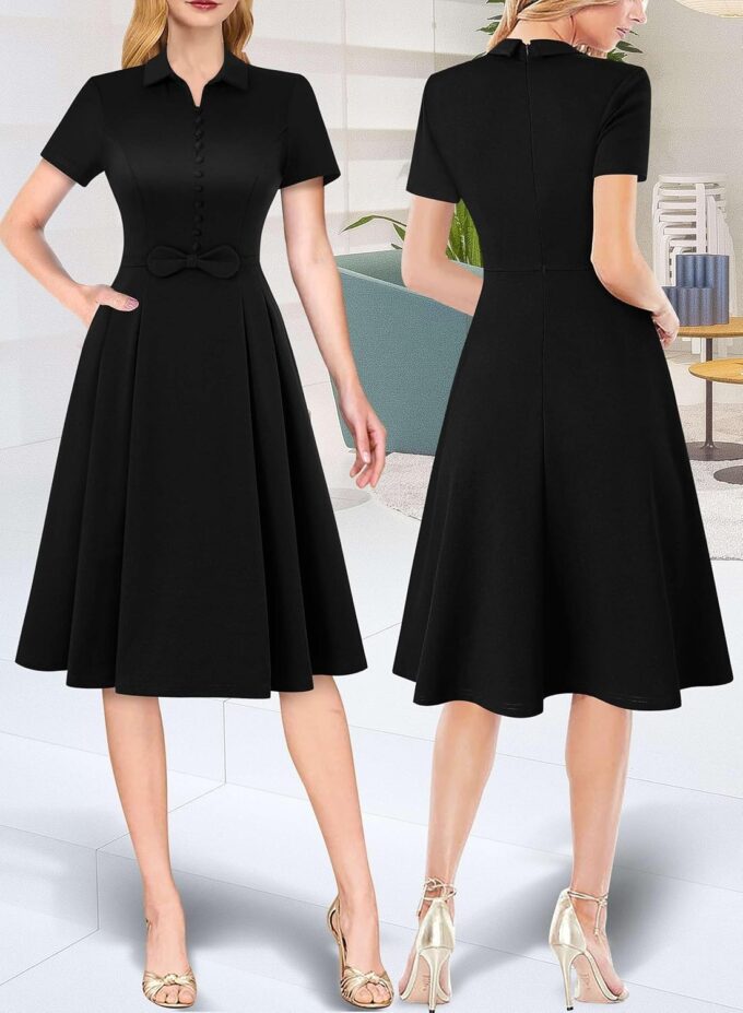 VFSHOW Damen-Kleid, Businesskleid, Arbeit, Büro, Gürtel, Knöpfe, Taschen, Kragen, Skaterkleid, A-Linie – Bild 2