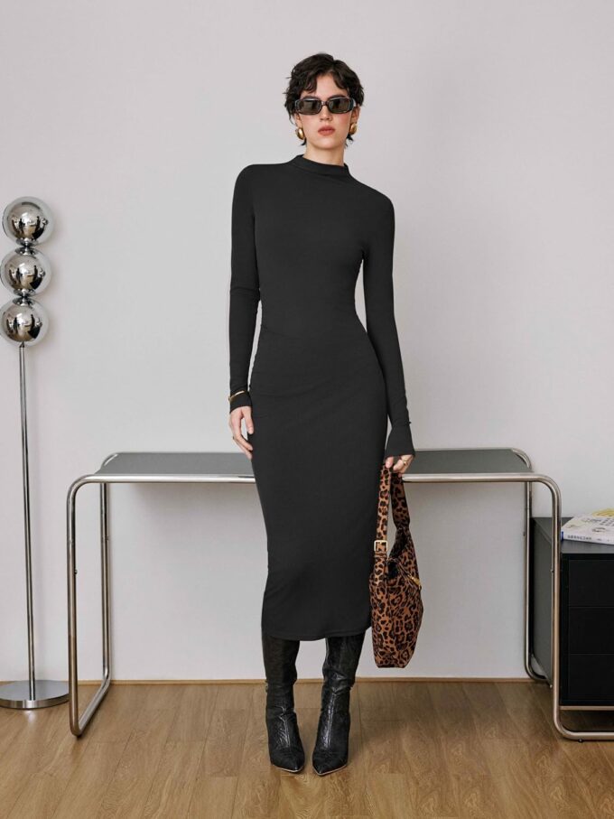 CIDER Long Sleeve Dress for Women High Neck Ribbed Knit Bodycon Ruched Midi Dress Cocktail Party Sweater Solid Dress – Bild 2
