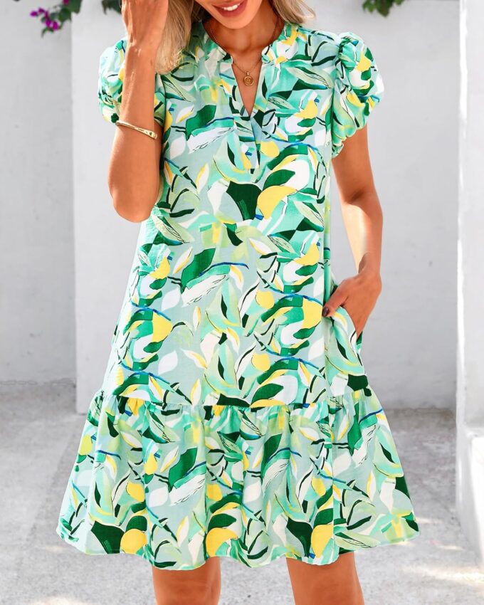 dowerme Womens Summer Dresses 2025 Puffy Sleeve V Neck Loose Floral Print A Line Boho Mini Babydoll Dress with Pockets – Bild 3