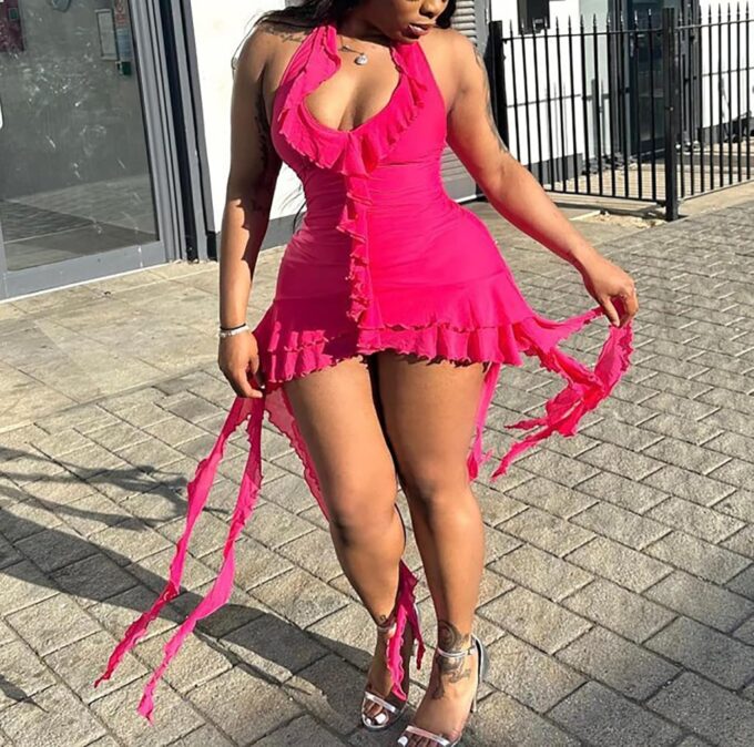 Womens Sexy Ruffle Y2K Mini Dress Halter Deep V Neck Backless Fringe Tassel Ruched Party Club Short Dresses – Bild 2