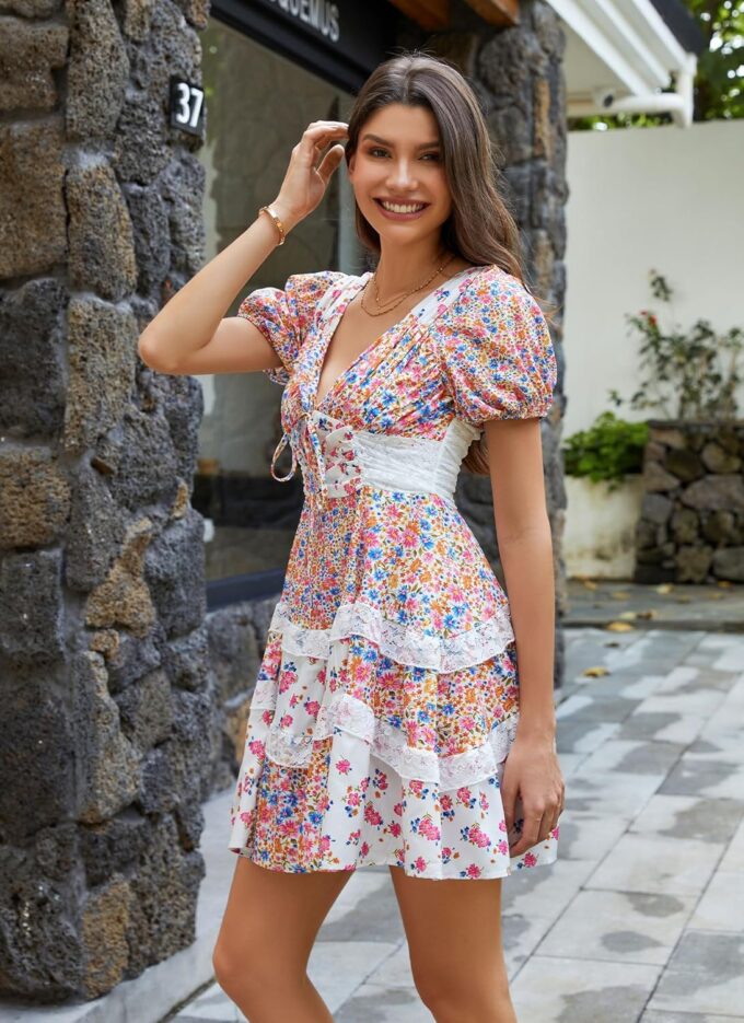 hibshaby Women's Floral Patchwork Dress V Neck Lace Layered Ruffle Flowy Babydoll Dress Puff Sleeve Tiered Mini Sundress – Bild 4