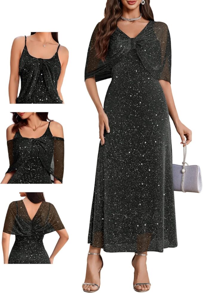 BeryLove Women Sequin Formal Party Dress Cocktail Evening Gown Wedding Dresses with Shawl