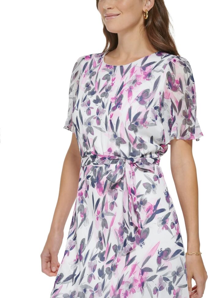 DKNY Women's Flutter Sleeve V-Neck Dress, Cream/Raspberry – Bild 4