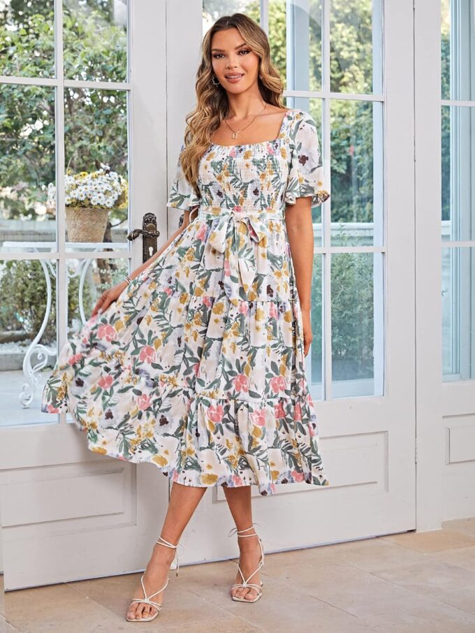 Amegoya Women's Boho Flowy Long Sleeve Square Neck Floral Midi Dress Smocked Spring Fall Wedding Guest Dresses – Bild 5
